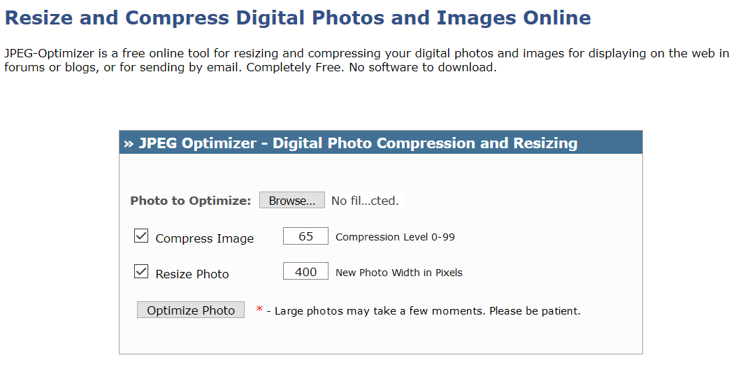 JPEG Optimizer prikaz ekrana jpeg-optimizer
