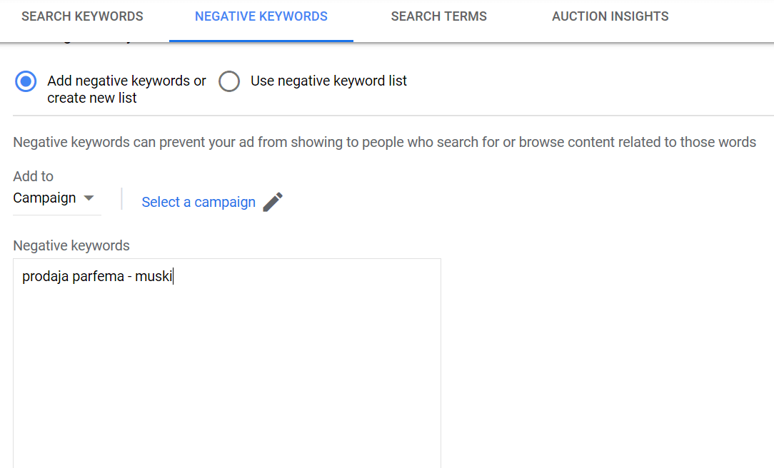 negative keywords